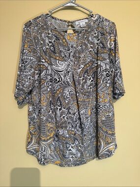 Liz Claiborne Black White Yellow Paisley Keyhole Blouse